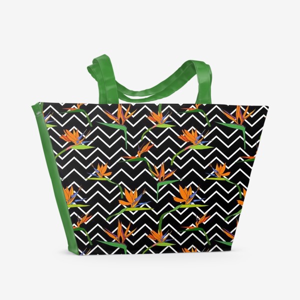 Пляжная сумка «Тропический цветок стрилиция и геометрический зигзаг»