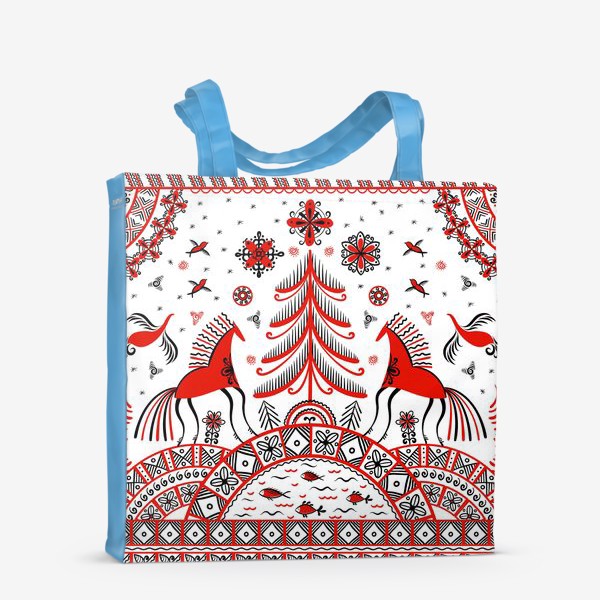 Сумка-шоппер «Мезенская роспись. Квадратный орнамент с лошадьми, птицами, символами солнца.  Русский народный фольклор. »