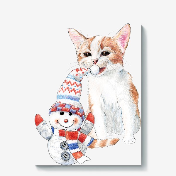 Холст &laquo;котенок со снеговиком&raquo;