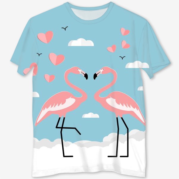 Футболка с полной запечаткой «Влюбленные тропические фламинго на облаках »