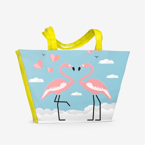 Пляжная сумка «Влюбленные тропические фламинго на облаках »