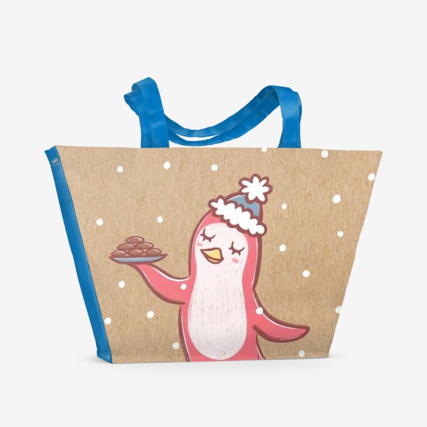 Пляжная сумка &laquo;Пингвин с шоколадным печеньем в снегопад&raquo;