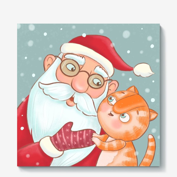 Холст «Дед Мороз и котик»