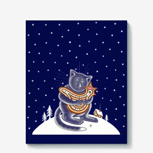 Холст «Ночной зимний кот»