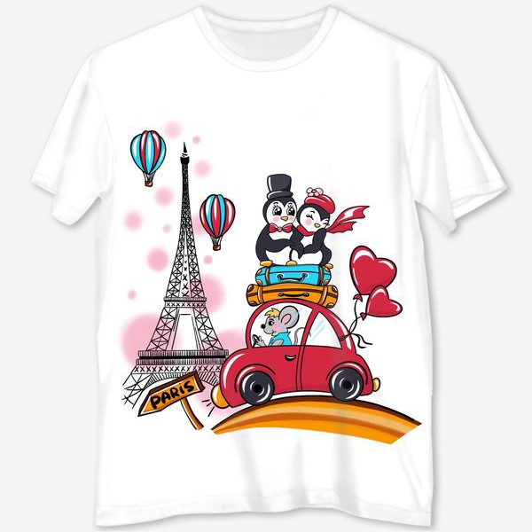 Футболка с полной запечаткой «Пингвин, пингвины, милый принт, Париж, путешествия, travel, Paris, парочка (серия)»