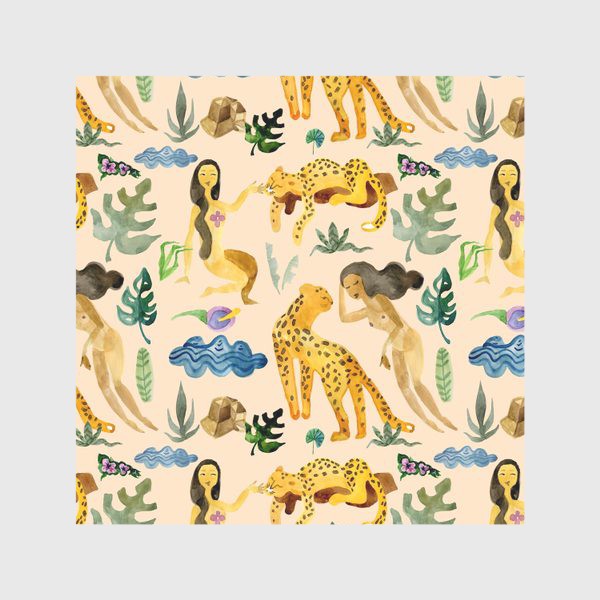 Скатерть «леопарды, тропические растения, цветы и обнаженные девушки»