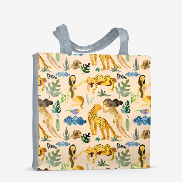 Сумка-шоппер «леопарды, тропические растения, цветы и обнаженные девушки»
