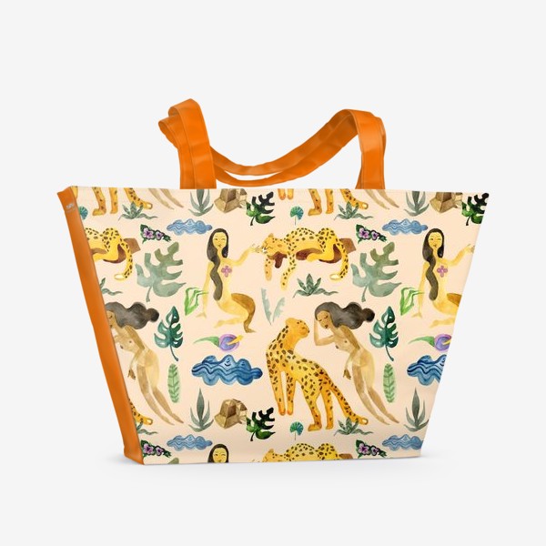 Пляжная сумка &laquo;леопарды, тропические растения, цветы и обнаженные девушки&raquo;