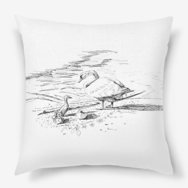 Подушка «Рисунок черной ручкой: лебедь с лебедятами около озера. Скан.»