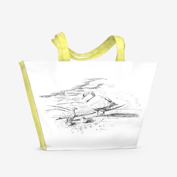Пляжная сумка «Рисунок черной ручкой: лебедь с лебедятами около озера. Скан.»