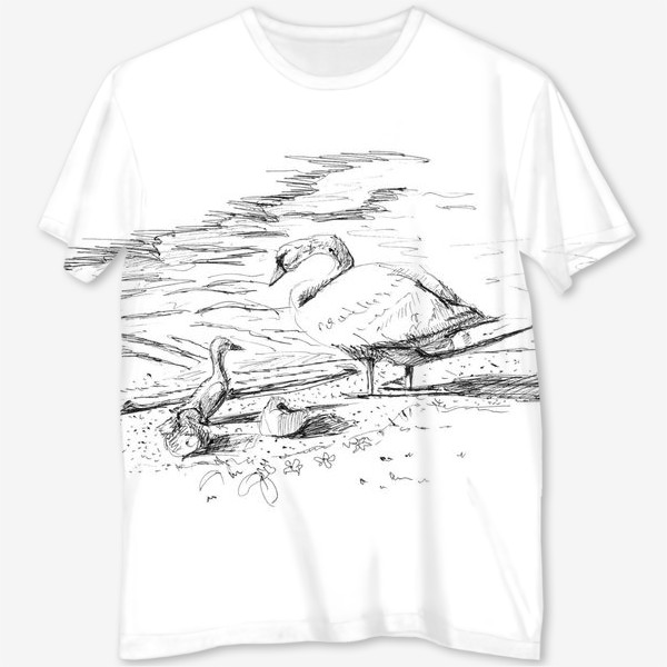 Футболка с полной запечаткой «Рисунок черной ручкой: лебедь с лебедятами около озера. Скан.»