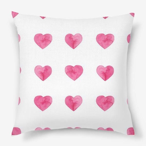 Подушка «Розовые акварельные сердца принт на белом фоне, символ любви. »