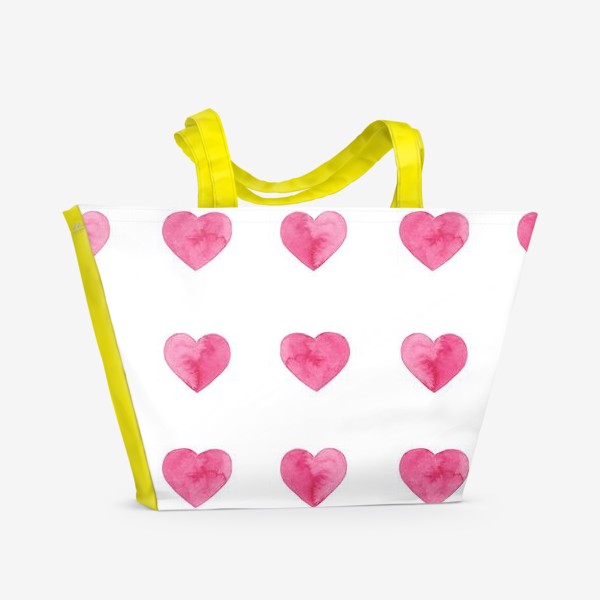 Пляжная сумка &laquo;Розовые акварельные сердца принт на белом фоне, символ любви. &raquo;