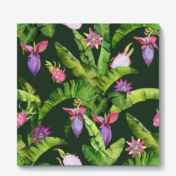 Холст «Бананы и пассифлора: цветы и листья. Тропики. Акварель»