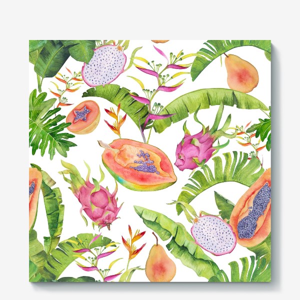Холст &laquo;Сочные тропические фрукты и цветы на белом: геликонии, драгонфрут и папайа&raquo;