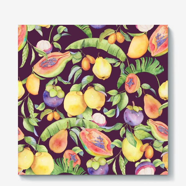 Холст «Сочные тропические фрукты и цветы на фиолетовом: манго, лимоны, груши и папайа. Экзотические фрукты. Акварель»