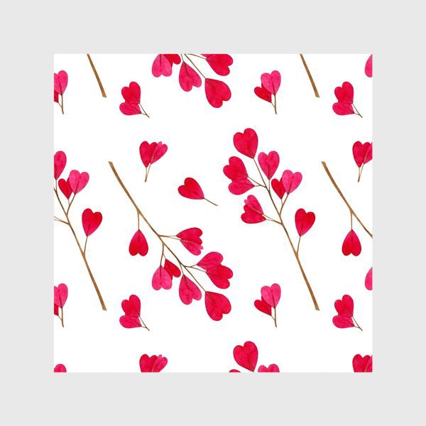 Шторы «Ветки с красными листиками сердечками. Весенний акварельный паттерн на белом фоне ко дню влюбленных»