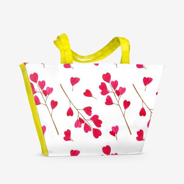 Пляжная сумка «Ветки с красными листиками сердечками. Весенний акварельный паттерн на белом фоне ко дню влюбленных»