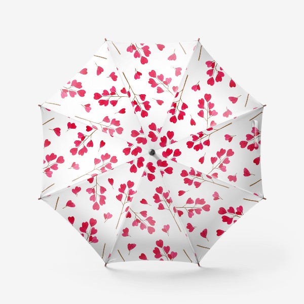 Зонт «Ветки с красными листиками сердечками. Весенний акварельный паттерн на белом фоне ко дню влюбленных»