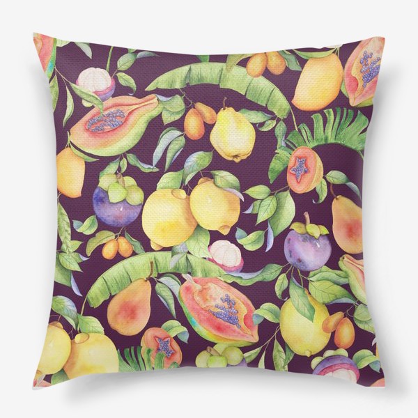 Подушка «Сочные тропические фрукты и цветы на фиолетовом: манго, лимоны, груши и папайа. Экзотические фрукты. Акварель»