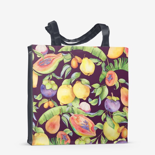 Сумка-шоппер «Сочные тропические фрукты и цветы на фиолетовом: манго, лимоны, груши и папайа. Экзотические фрукты. Акварель»