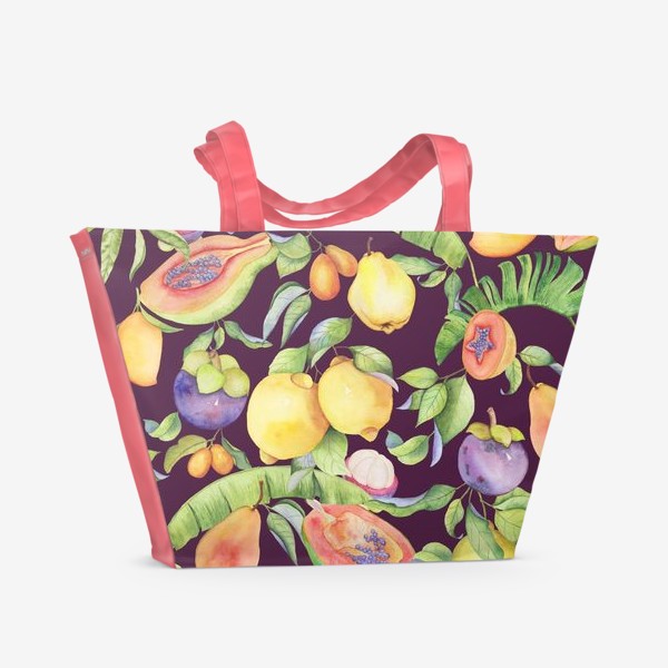 Пляжная сумка «Сочные тропические фрукты и цветы на фиолетовом: манго, лимоны, груши и папайа. Экзотические фрукты. Акварель»