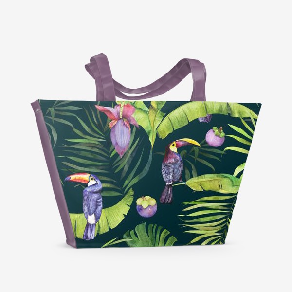 Пляжная сумка «Сочные тропические фрукты и туканы на зеленом: мангостин и банан. Тропики. Акварель»