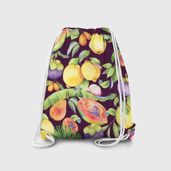 Рюкзак «Сочные тропические фрукты и цветы на фиолетовом: манго, лимоны, груши и папайа. Экзотические фрукты. Акварель»