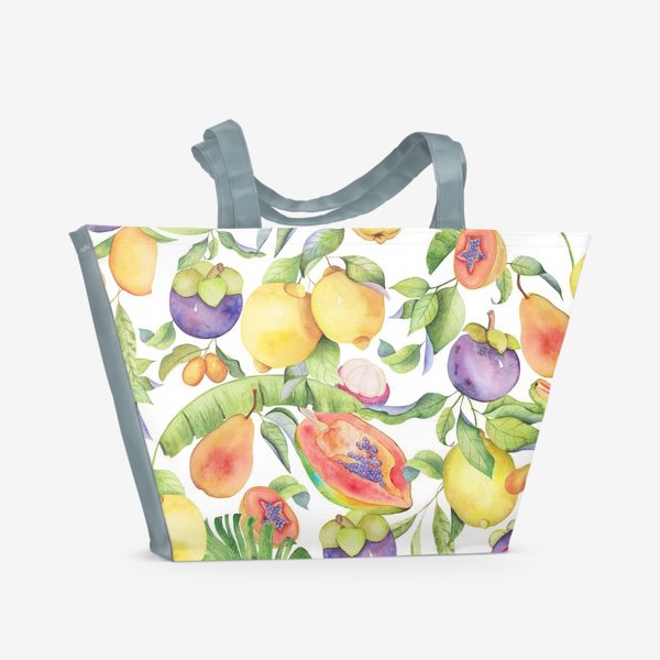 Пляжная сумка &laquo;Сочные тропические фрукты на белом: папайа, мангостин и цитрусы&raquo;
