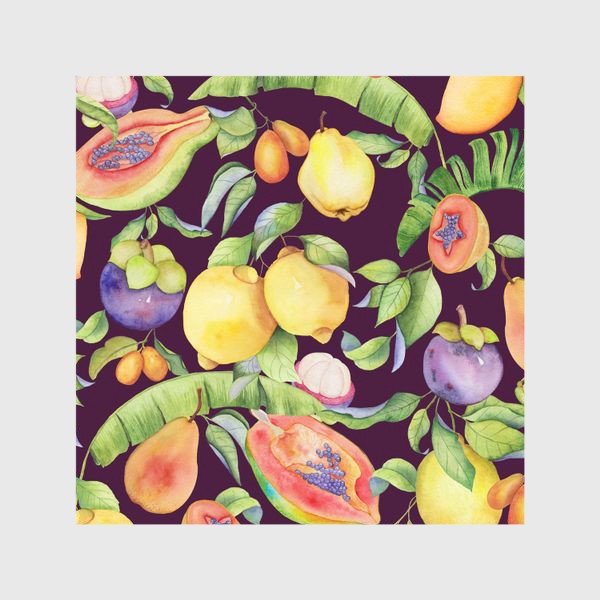 Шторы «Сочные тропические фрукты и цветы на фиолетовом: манго, лимоны, груши и папайа. Экзотические фрукты. Акварель»