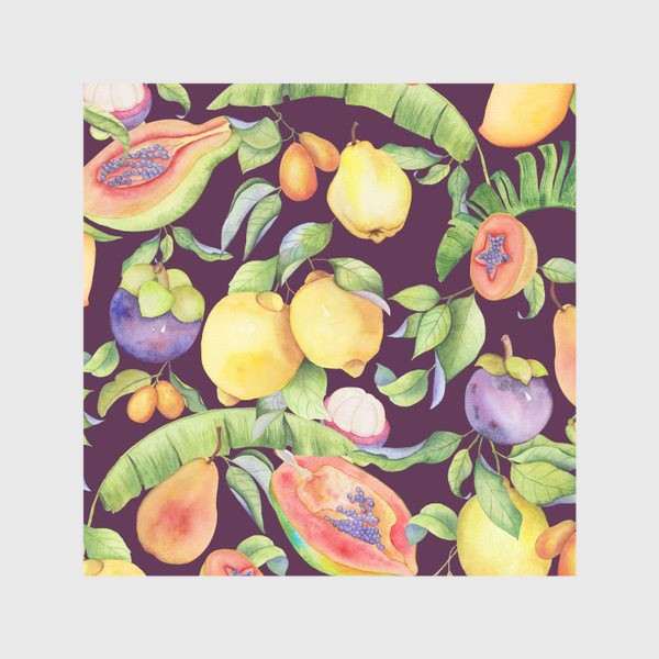 Скатерть «Сочные тропические фрукты и цветы на фиолетовом: манго, лимоны, груши и папайа. Экзотические фрукты. Акварель»