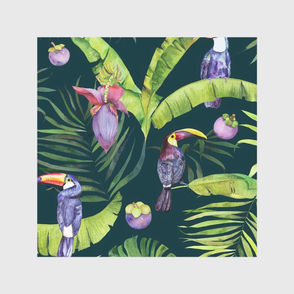 Скатерть «Сочные тропические фрукты и туканы на зеленом: мангостин и банан. Тропики. Акварель»