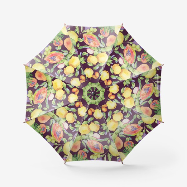 Зонт «Сочные тропические фрукты и цветы на фиолетовом: манго, лимоны, груши и папайа. Экзотические фрукты. Акварель»