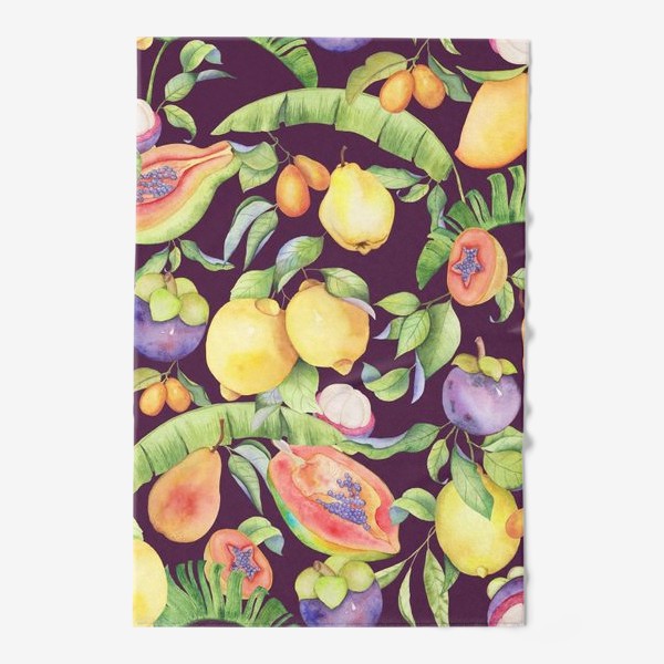 Полотенце «Сочные тропические фрукты и цветы на фиолетовом: манго, лимоны, груши и папайа. Экзотические фрукты. Акварель»