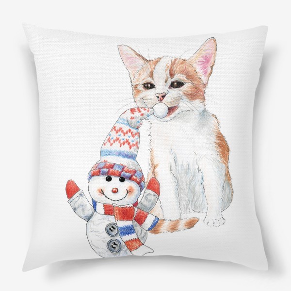 Подушка &laquo;котенок со снеговиком&raquo;