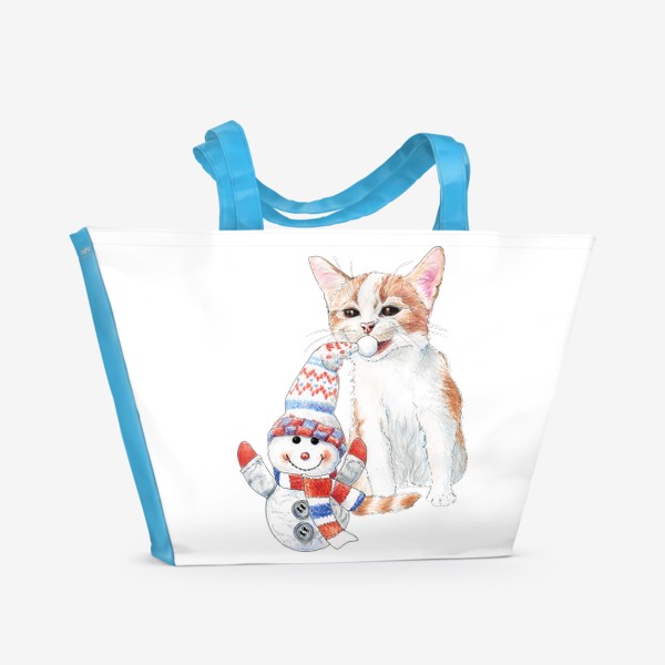 Пляжная сумка «котенок со снеговиком»