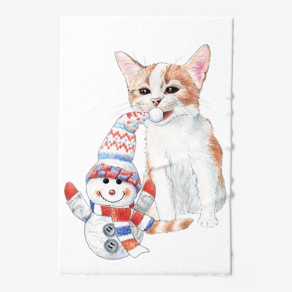 Полотенце «котенок со снеговиком»