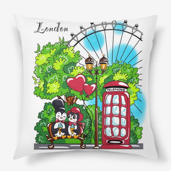 Подушка «Пингвин, пингвины, милый принт, Лондон, путешествия, travel, London , парочка (серия)»