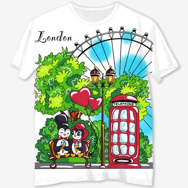 Футболка с полной запечаткой «Пингвин, пингвины, милый принт, Лондон, путешествия, travel, London , парочка (серия)»