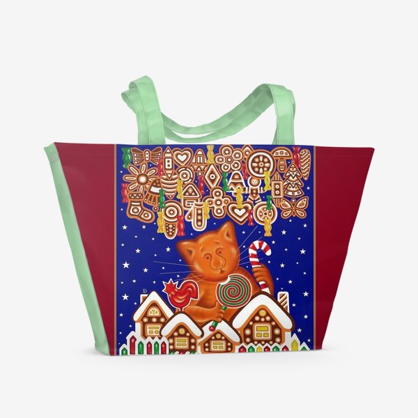 Пляжная сумка «Сладкая сказка, или Пряничный кот на вишневом фоне»