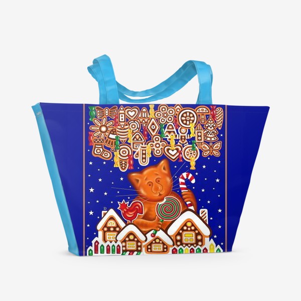 Пляжная сумка «Пряничный кот на синем фоне»