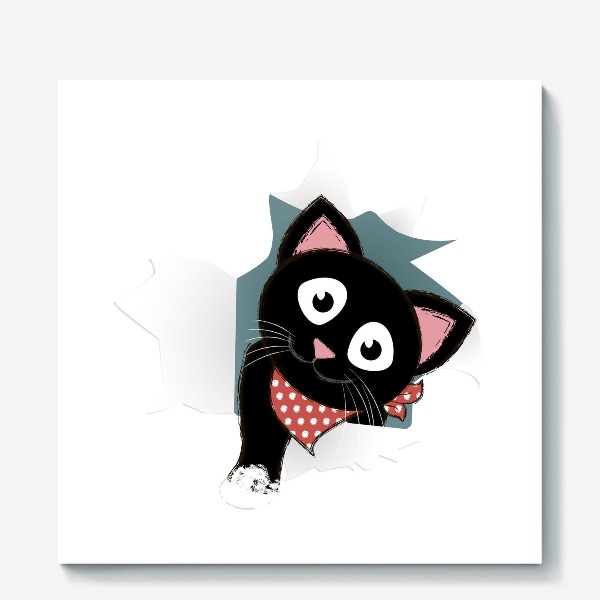 Холст «Мультяшный черный котенок выглядывает из разорванной бумаги»