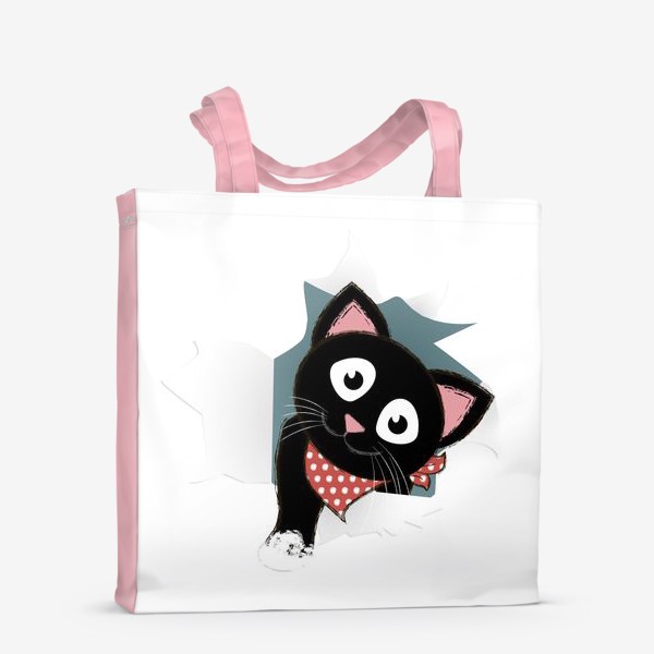 Сумка-шоппер &laquo;Мультяшный черный котенок выглядывает из разорванной бумаги&raquo;