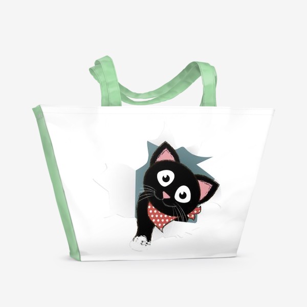 Пляжная сумка «Мультяшный черный котенок выглядывает из разорванной бумаги»