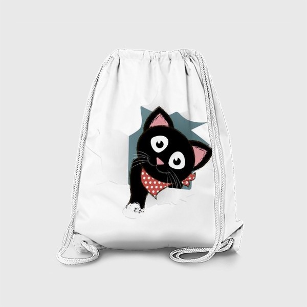 Рюкзак «Мультяшный черный котенок выглядывает из разорванной бумаги»