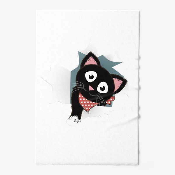 Полотенце &laquo;Мультяшный черный котенок выглядывает из разорванной бумаги&raquo;
