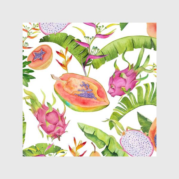 Шторы «Сочные тропические фрукты и цветы на белом: геликонии, драгонфрут и папайа»