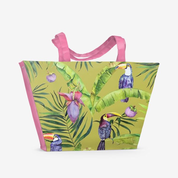Пляжная сумка «Сочные тропические фрукты и туканы на оливковом. Акварель»