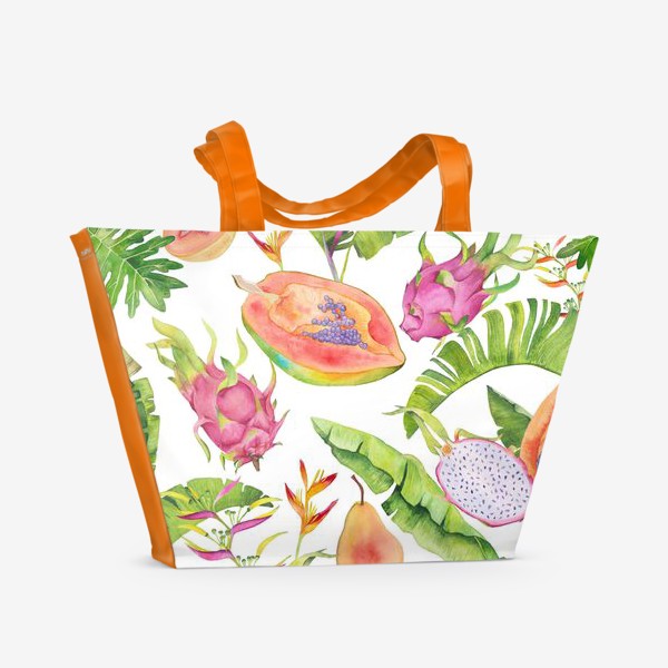 Пляжная сумка &laquo;Сочные тропические фрукты и цветы на белом: геликонии, драгонфрут и папайа&raquo;