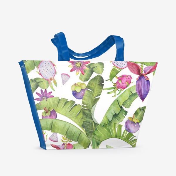 Пляжная сумка «Тропические фрукты и цветы на белом. Акварель»